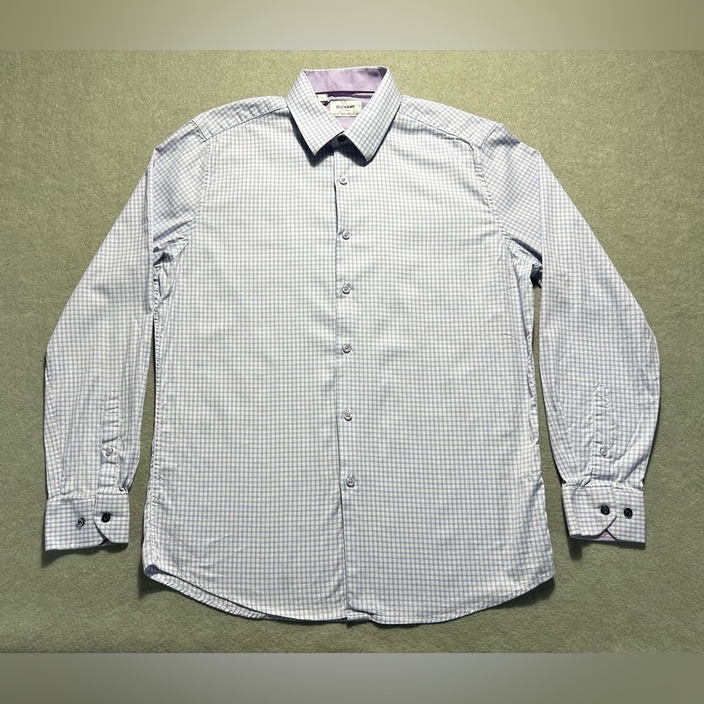 Duchamp London Purple White Check Shirt Men’s 16.5 42 L Slim Long Sleeve Luxury